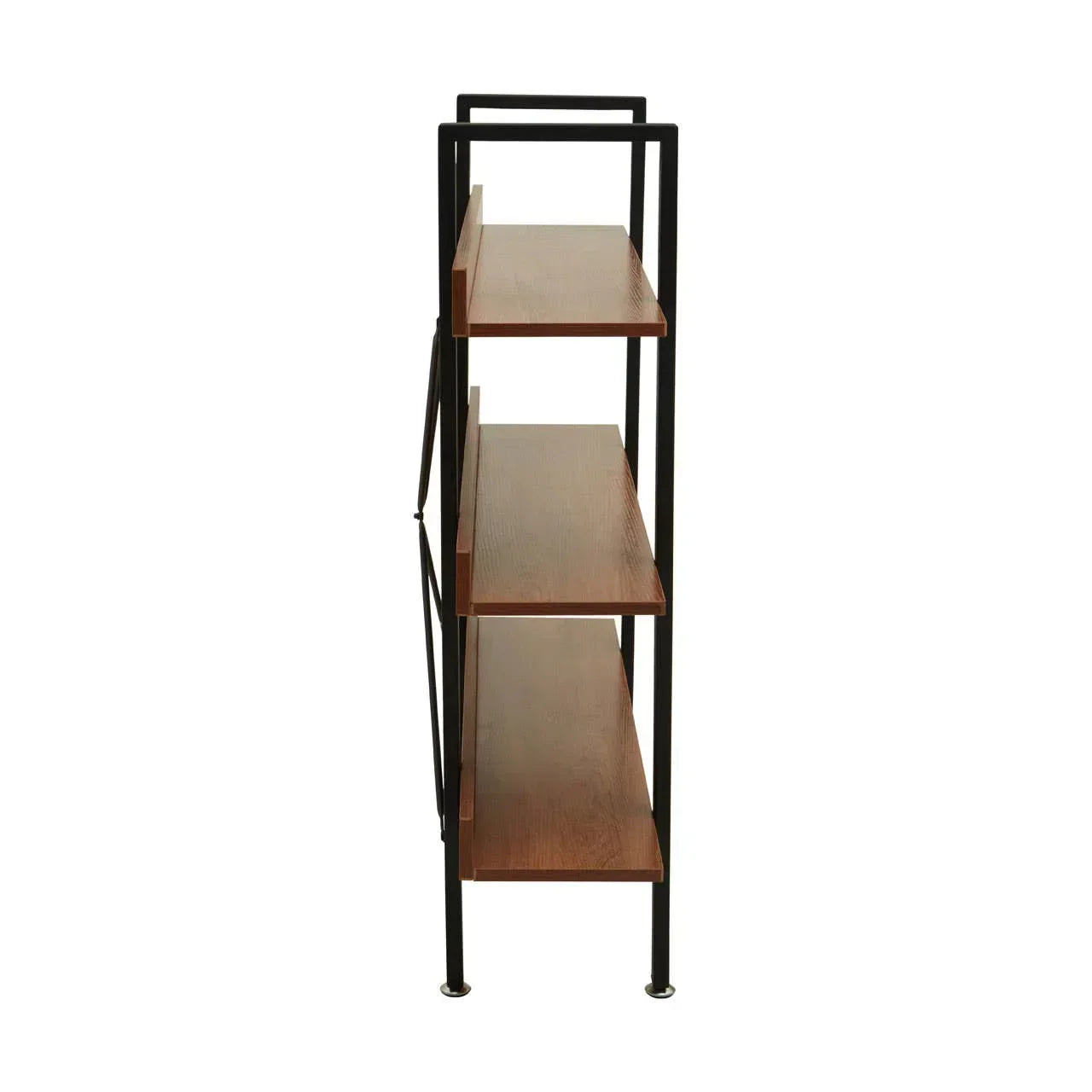 Side angle of wooden shelving unit with black metal frame and three shelves