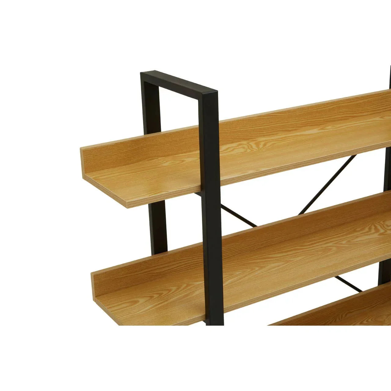 Wooden shelving unit with black metal frame and three shelves, close-up side view