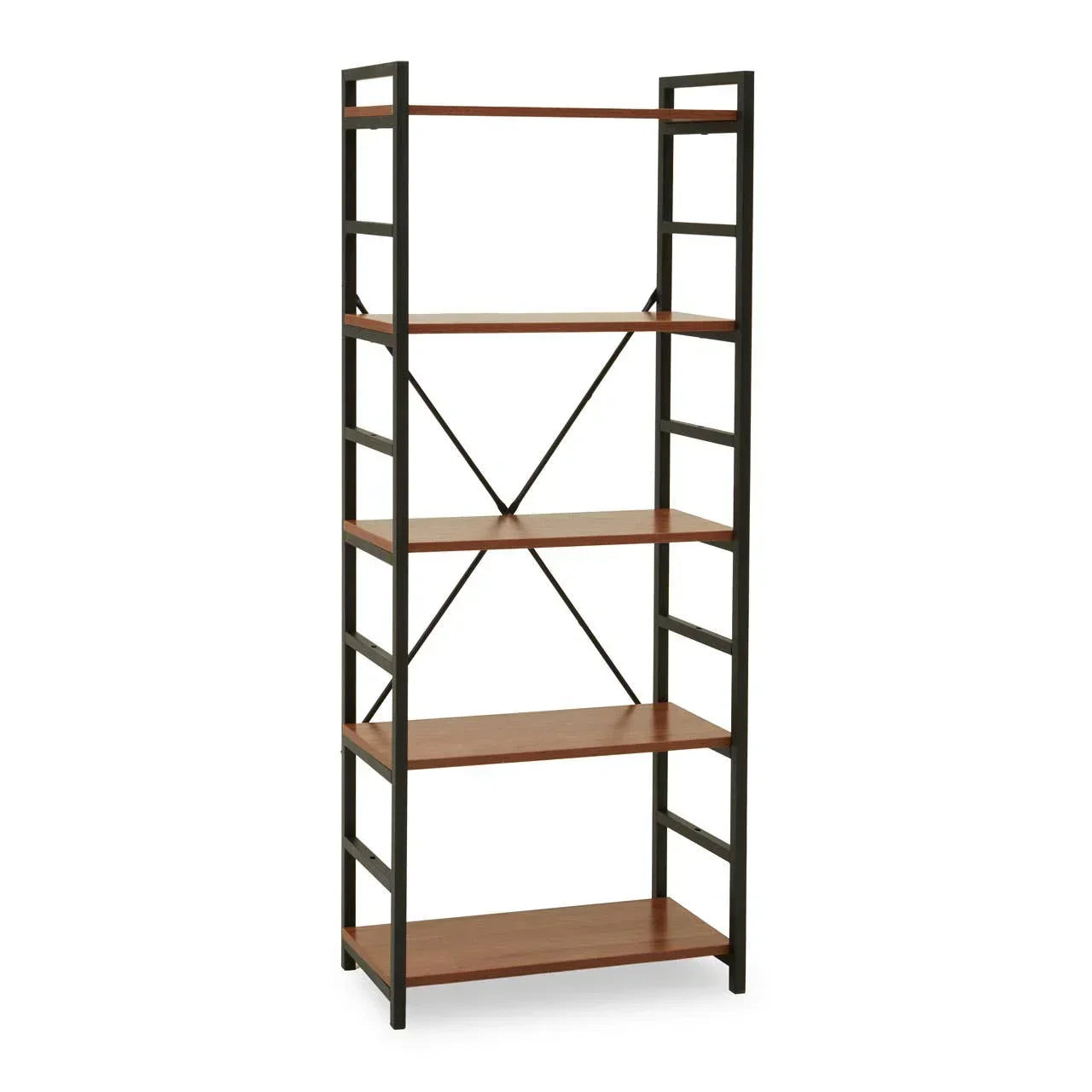Industrial style shelving unit with black metal frame and five wood shelves