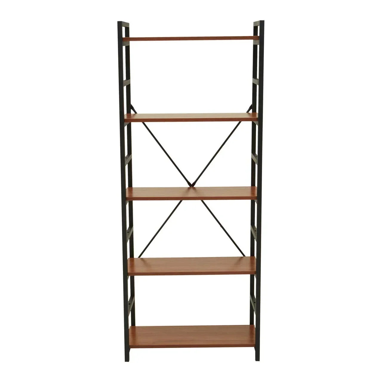 Tall metal and wood shelving unit with five open shelves and black frame, front view