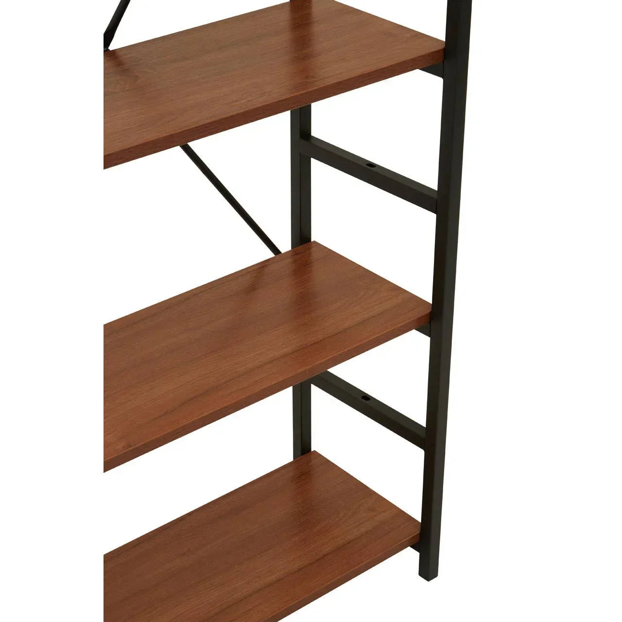 Closeup of wood and black metal shelving unit with three open shelves