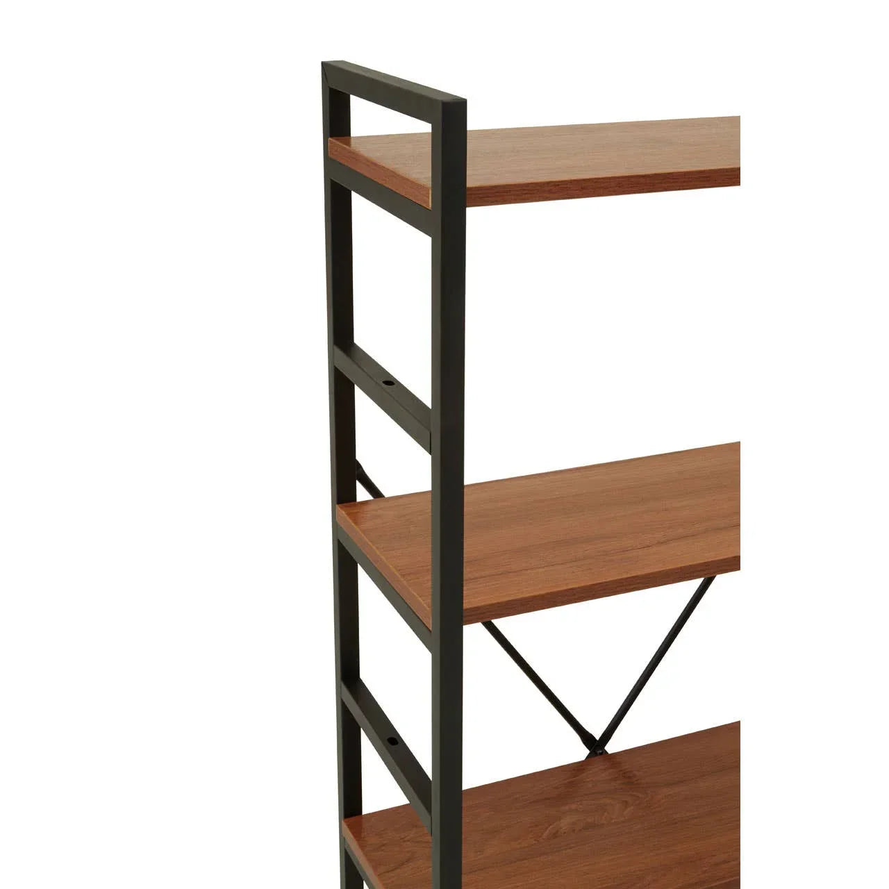 Industrial bookcase with black metal frame and wood shelves, angled side view