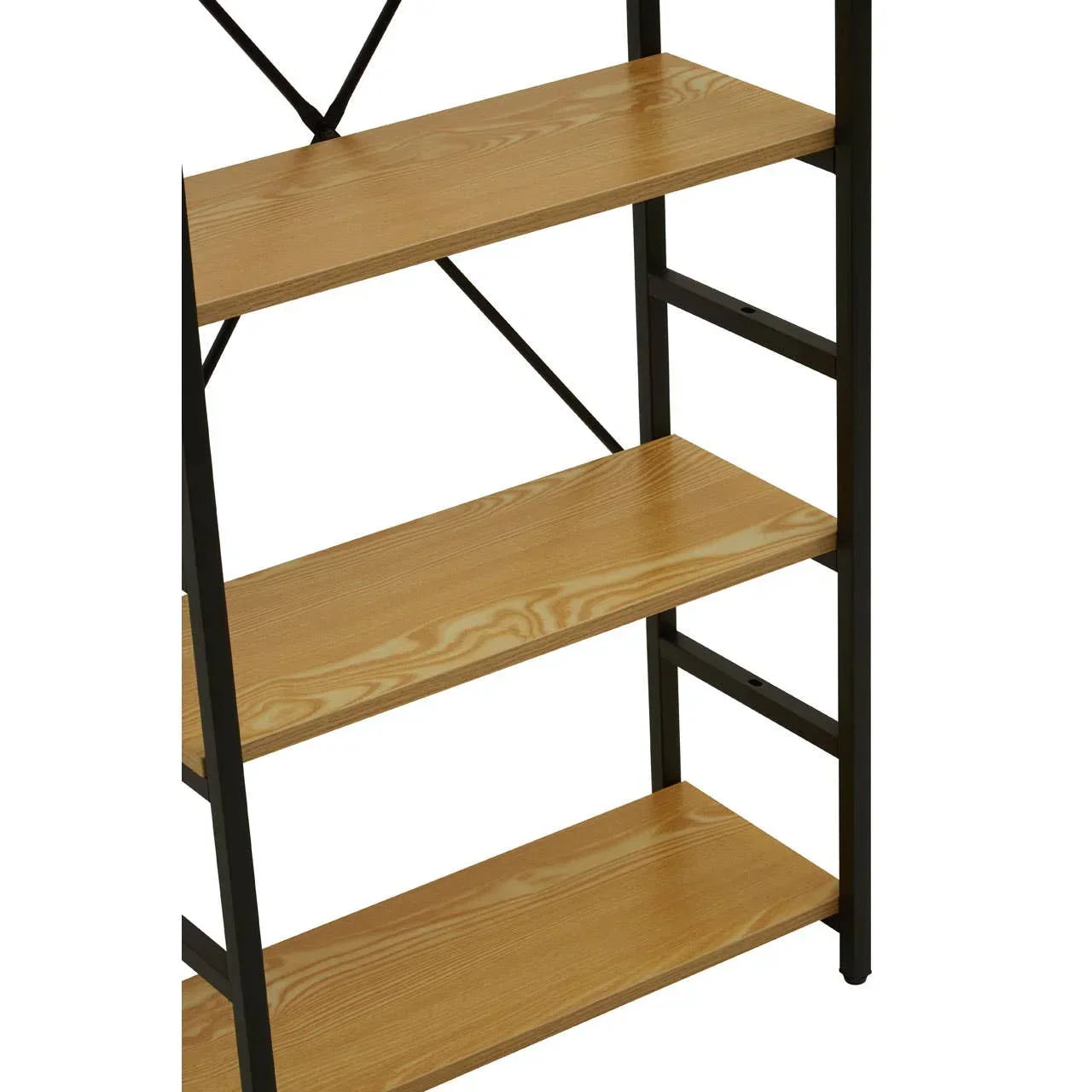 Oak effect shelving unit with black metal frame, close view of shelves and support bars