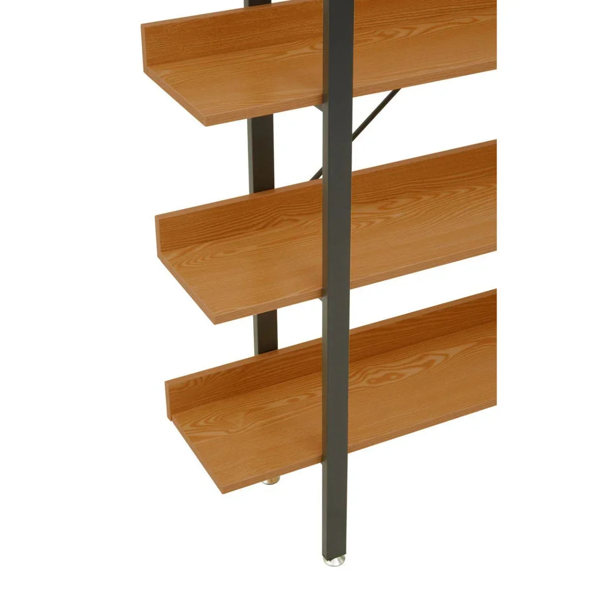 Closeup of wooden shelving unit with metal frame and three shelves