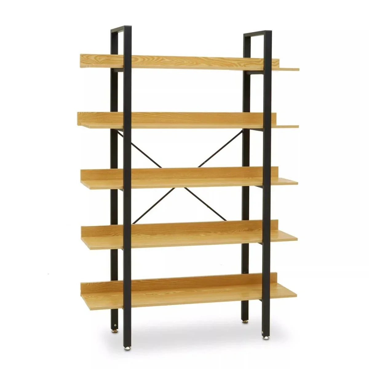 Wide bookcase with light wood shelves and black metal frame, front angle view
