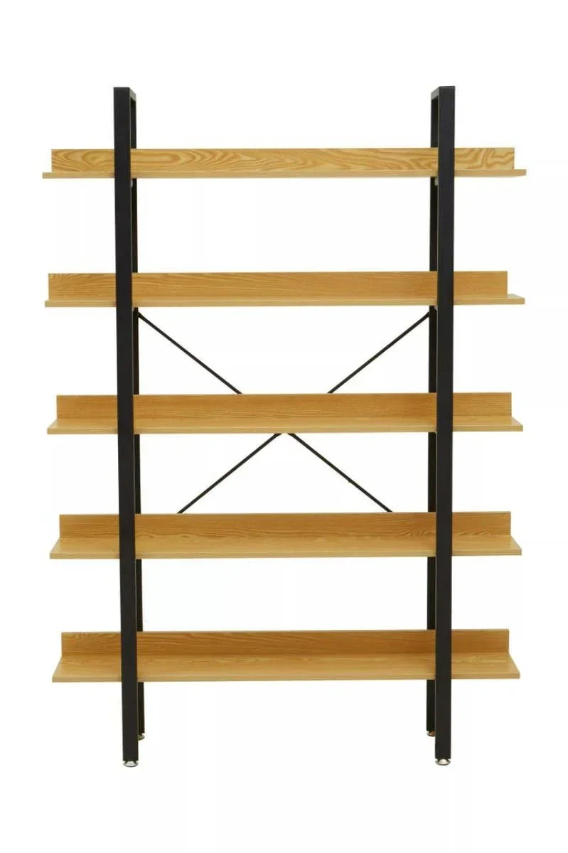 Industrial bookshelf with black metal frame and light wood shelves, front view