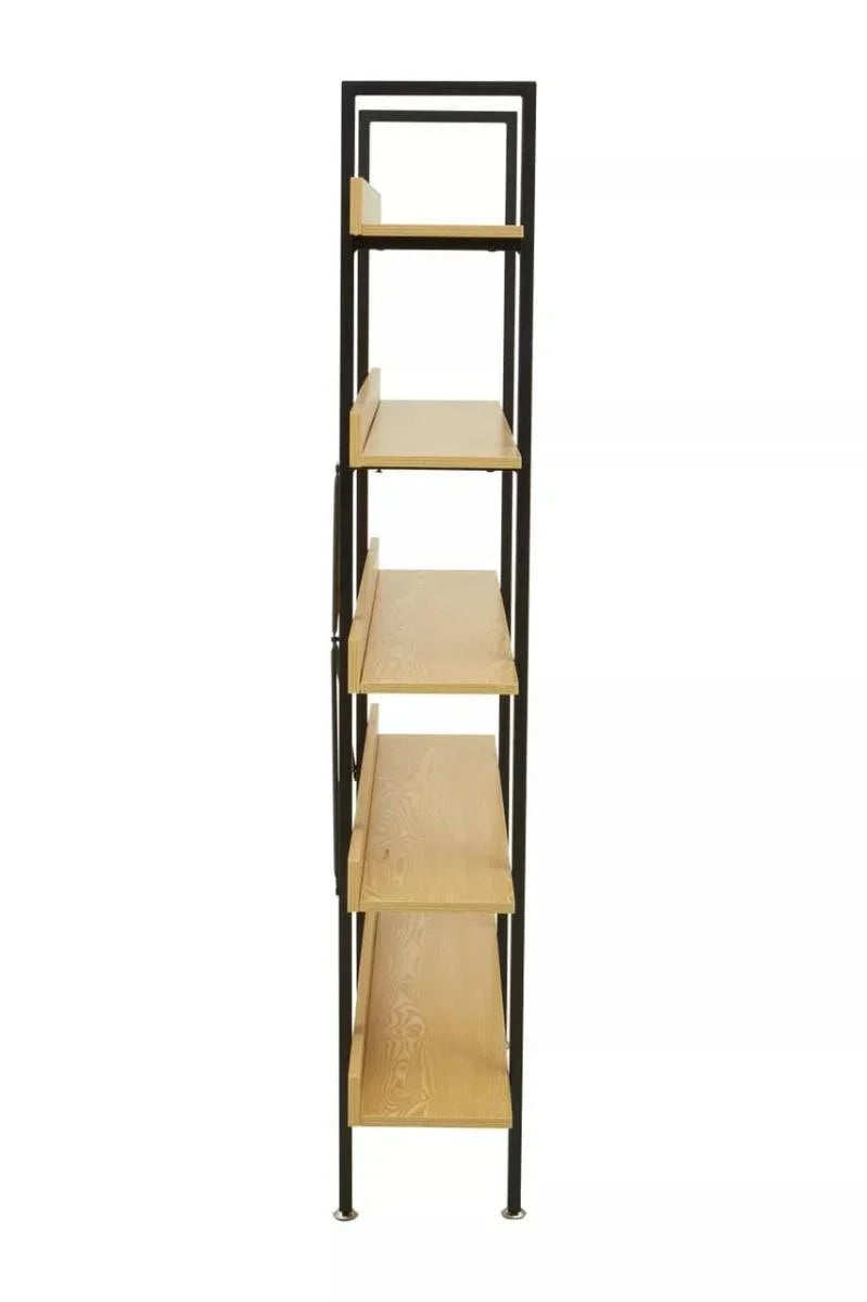 Side view of a tall wooden shelving unit with black metal frame and five shelves