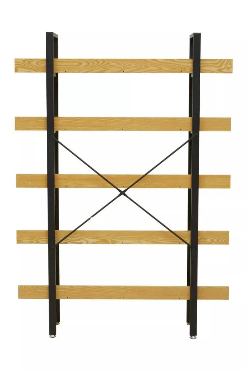 Industrial bookshelf with metal frame and five light wood shelves, rear cross support