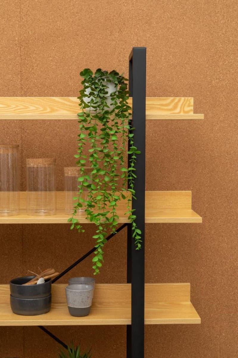 Wooden shelving unit with black frame, glass jars, ceramic cups, and trailing plant decor
