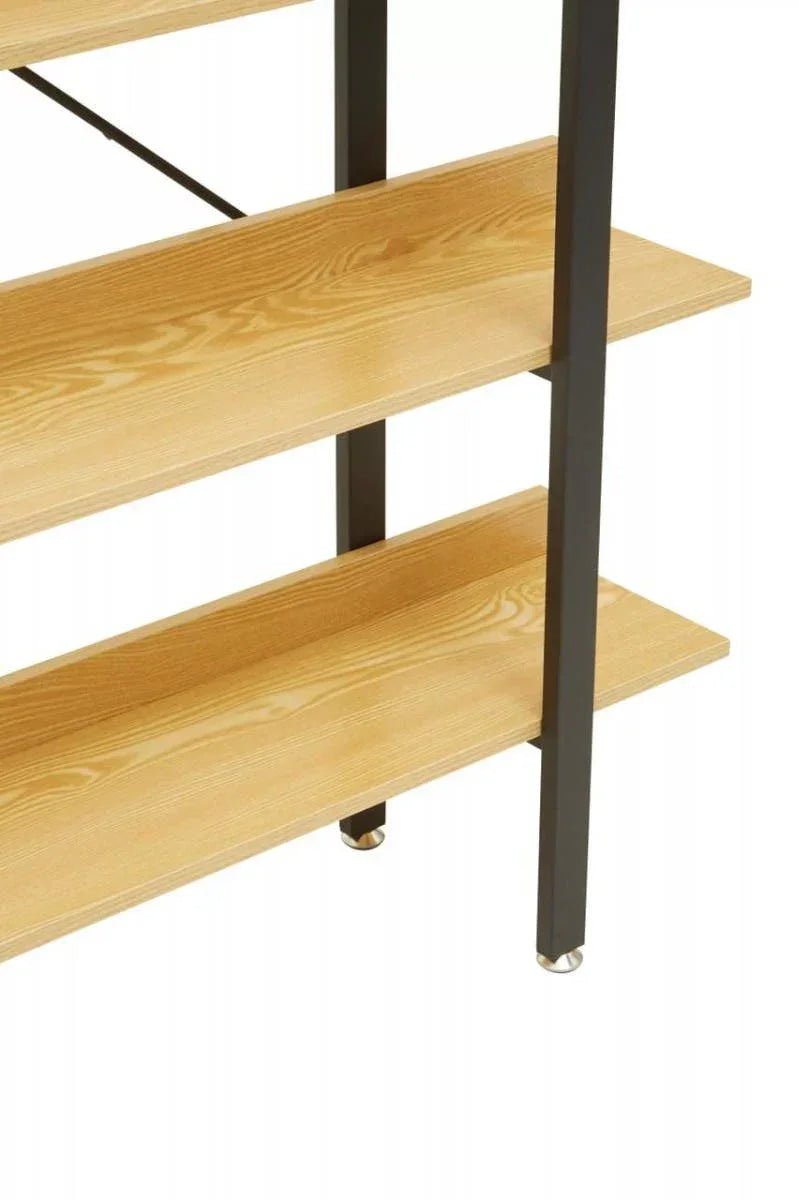 Three-tier wooden shelving unit with black metal frame and natural wood finish