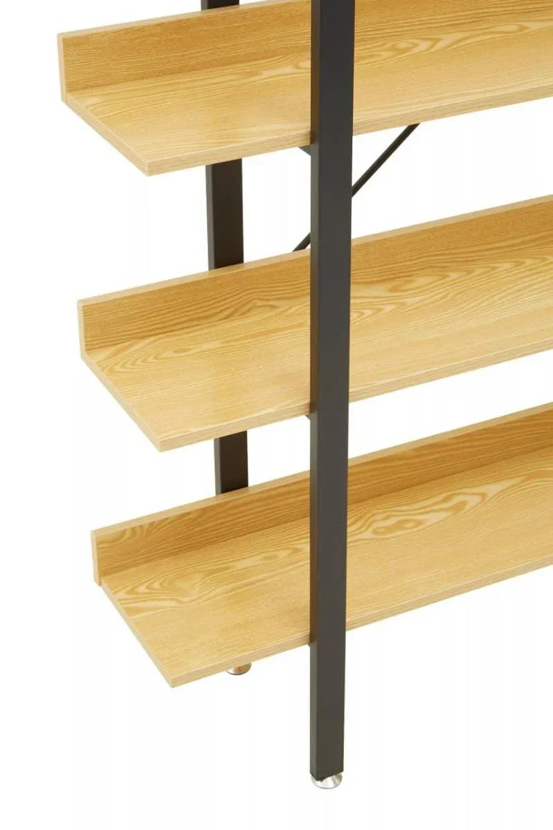 Light wood shelving unit with black metal frame, three shelves, close-up side view