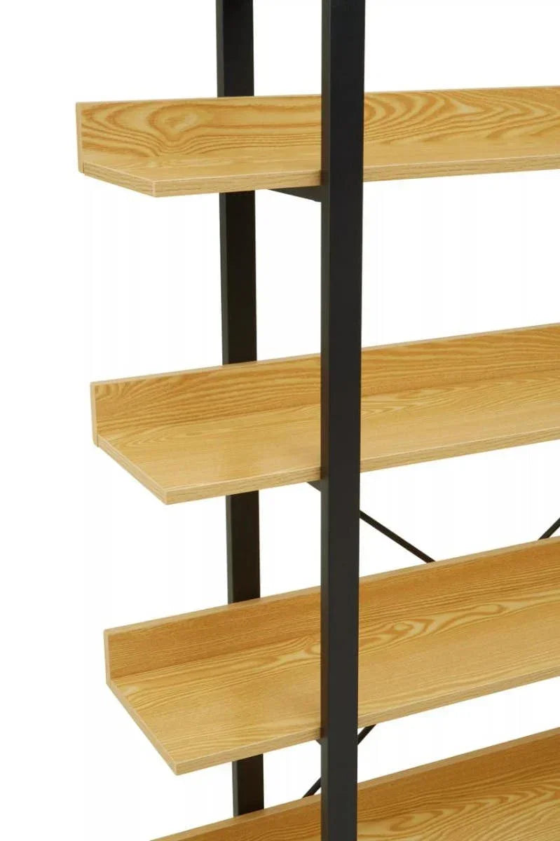 Oak effect shelves with black metal frame, close-up of modern bookcase design