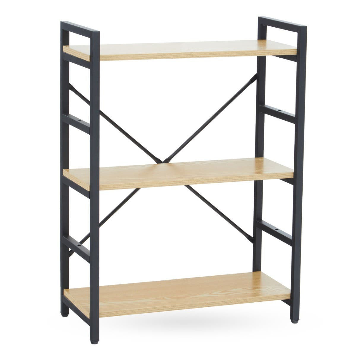 Three-tier shelf unit featuring a light oak effect finish on the shelves and a black metal frame with cross supports for stability. The design includes open shelving for easy access and display of items