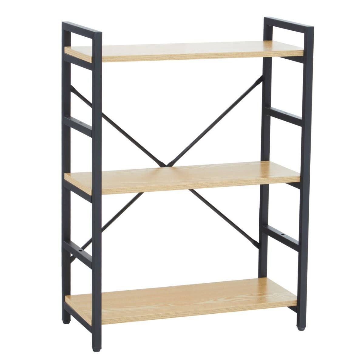 Three-tier shelf unit featuring a light oak effect finish on the shelves and a black metal frame. The design includes cross-bracing for added stability, with open shelving ideal for displaying books or decorative items