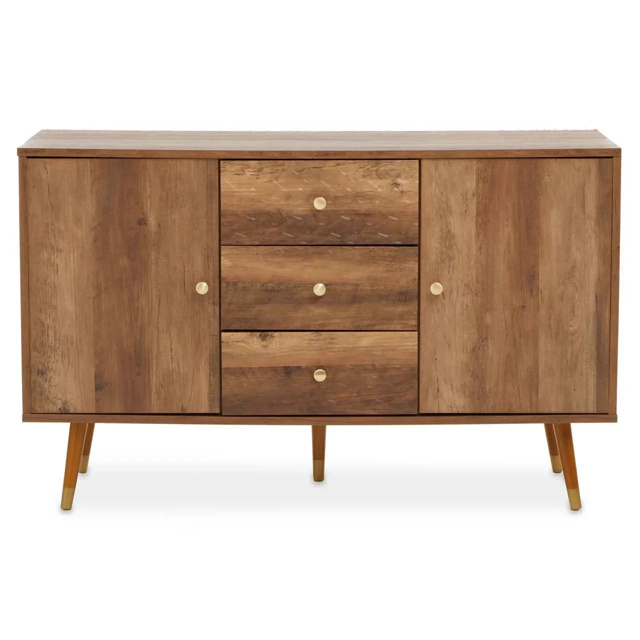 Mid-century modern sideboard with wood finish, two doors, and three central drawers