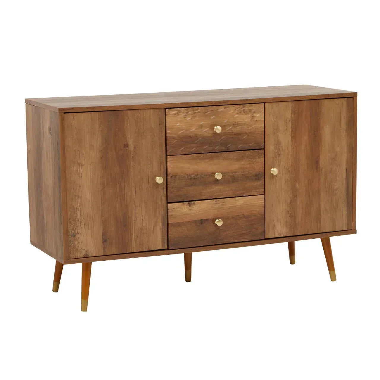 Mid-century style wooden sideboard with gold handles and tapered legs