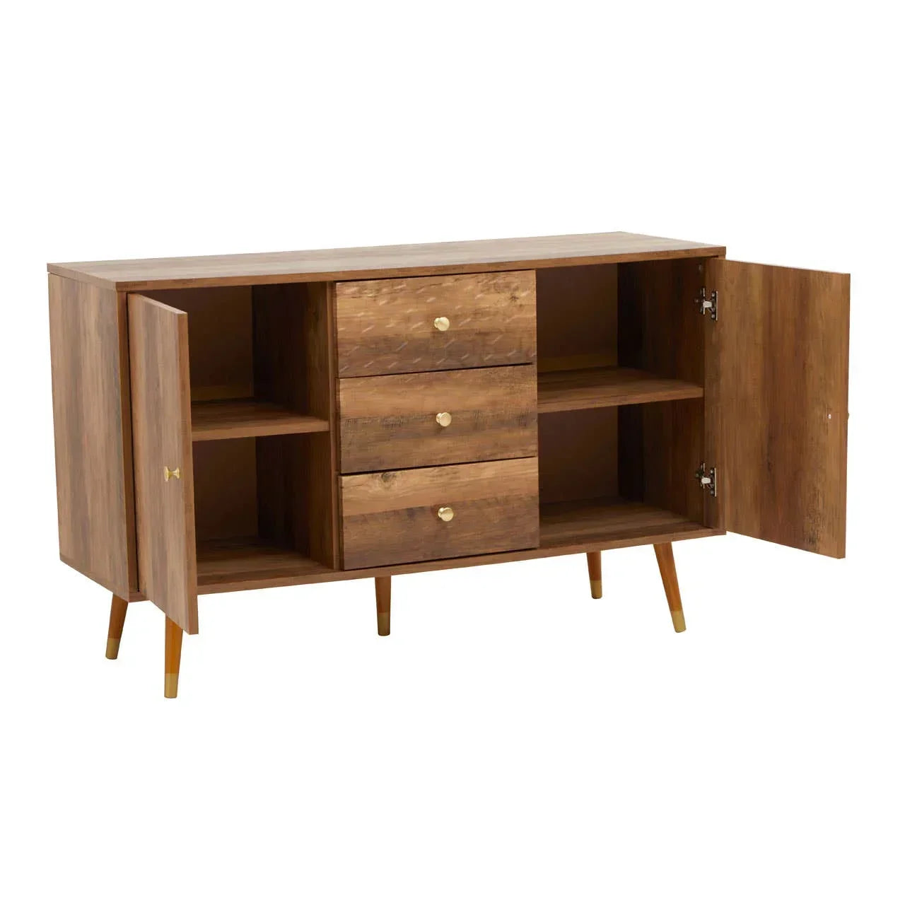 Mid-century wood sideboard with three drawers, two open cabinet doors, and brass handles