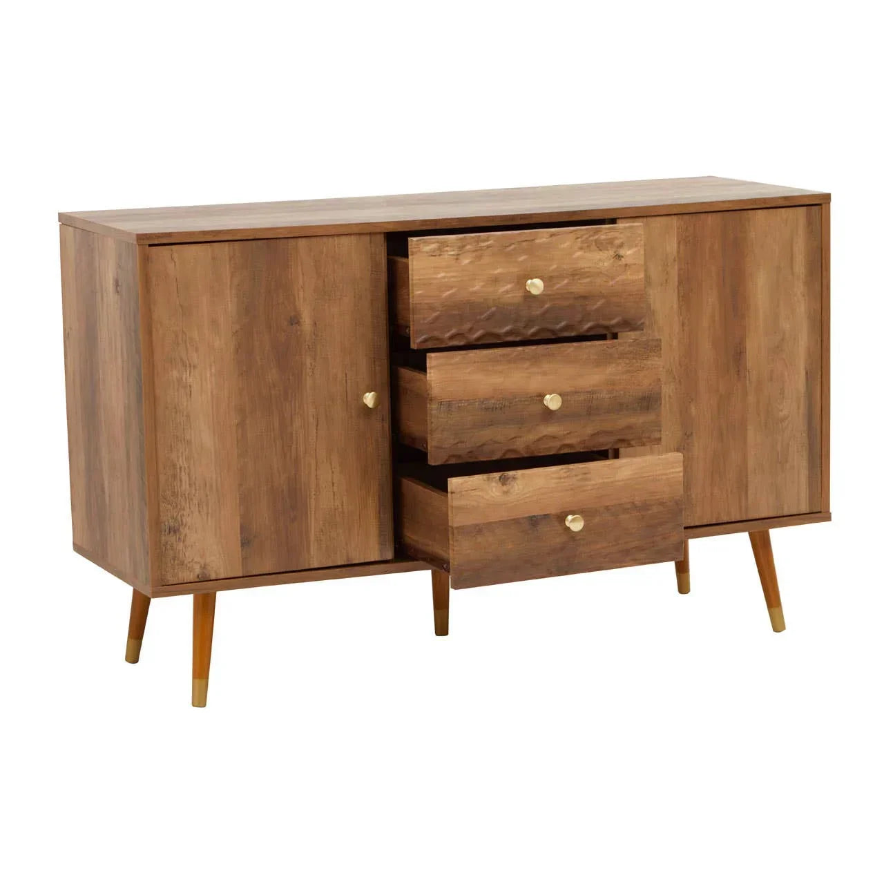 Mid-century wooden sideboard with three open drawers, two cabinets, and brass knobs