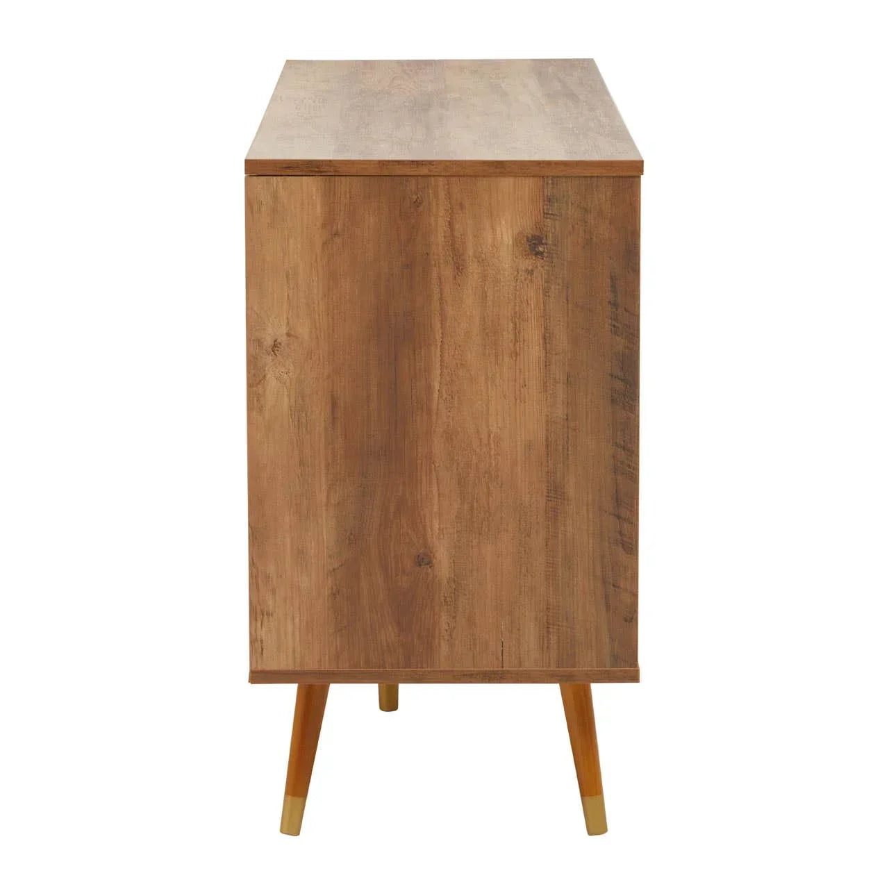 Side view of wooden cabinet with tapered legs and light oak finish