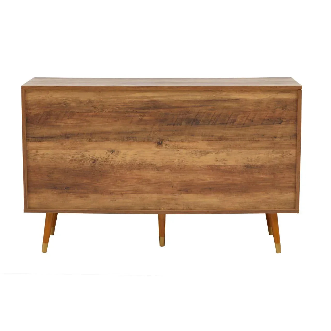 Wooden sideboard with natural grain finish and angled legs, viewed from the back