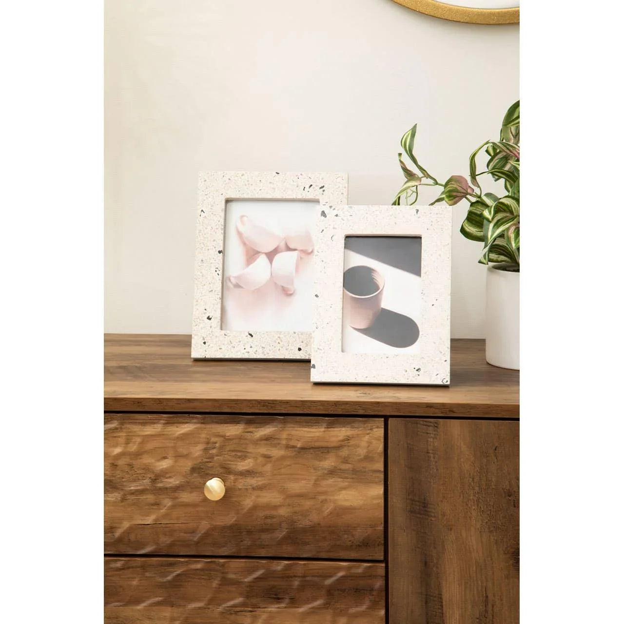 Terrazzo photo frames on wooden chest of drawers beside potted plant