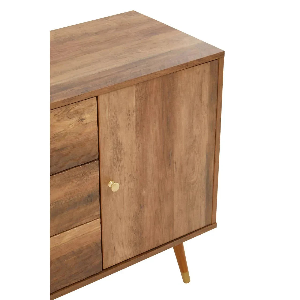 Mid-century style wooden sideboard with brass knob and angled legs