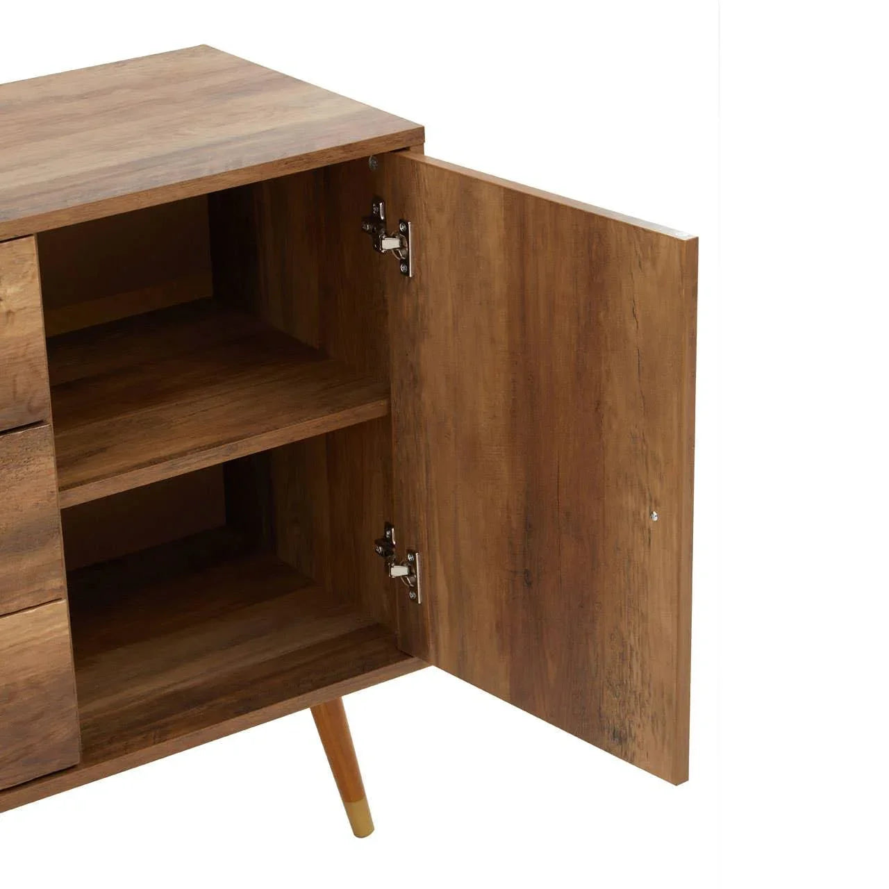 wooden sideboard cabinet with open door showing shelves and angled legs