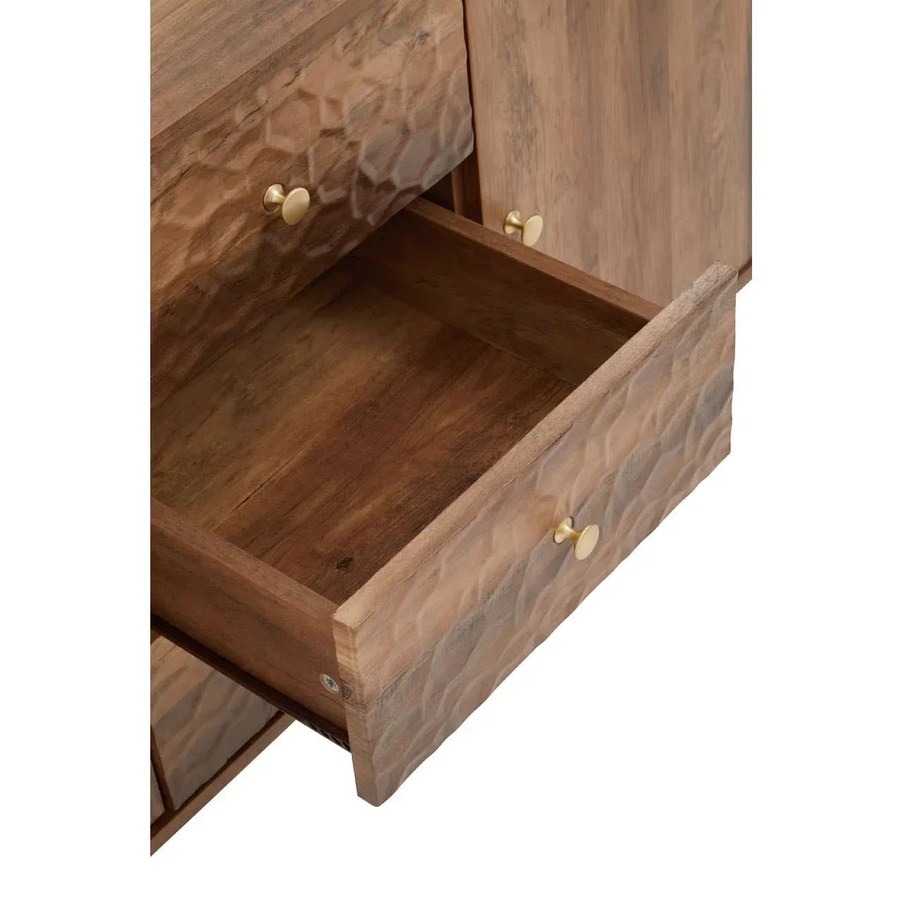 Textured wooden chest of drawers with open drawer and brass handles, natural finish