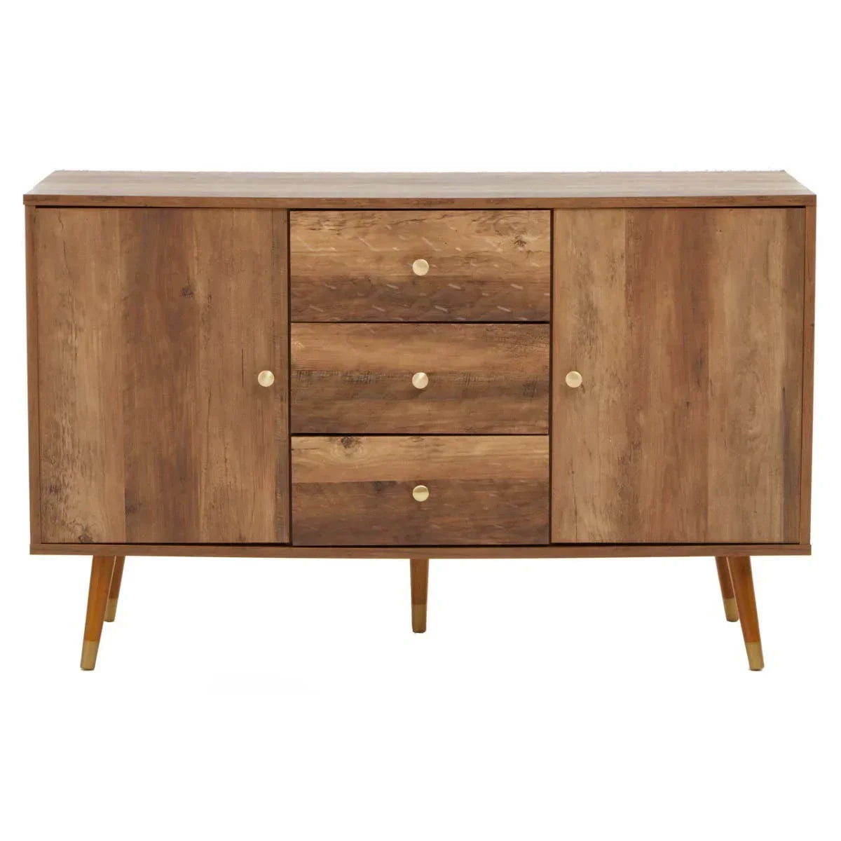 Mid-century wooden sideboard with four drawers, two doors, gold handles and legs