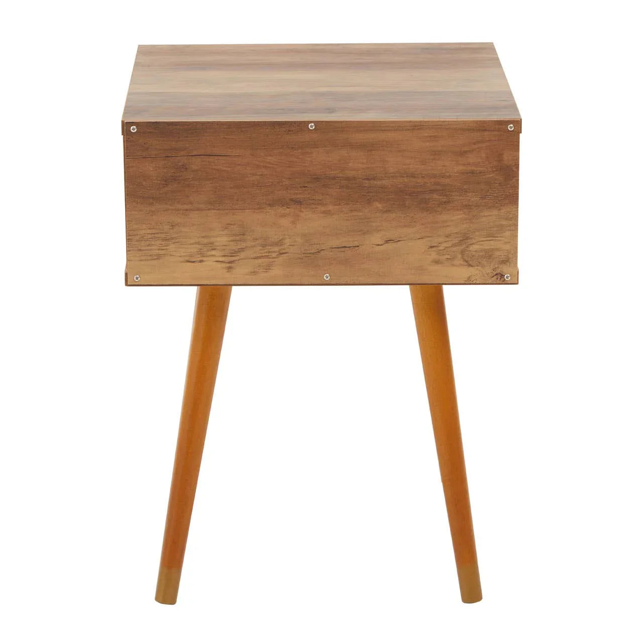 Mid-century wooden bedside table with angled legs and natural wood finish, front view