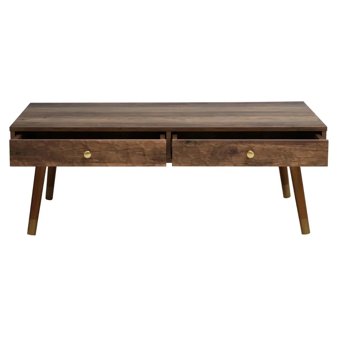 Rectangular wooden coffee table with angled legs and two open drawers, brass handles visible