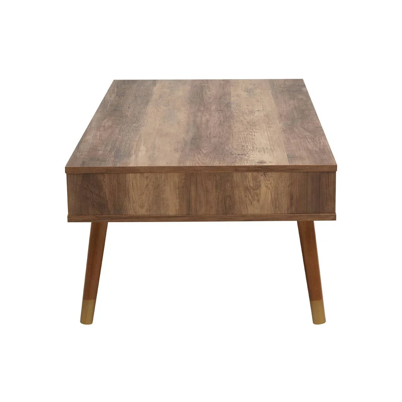Rectangular wooden coffee table with tapered legs and two-tone leg accents