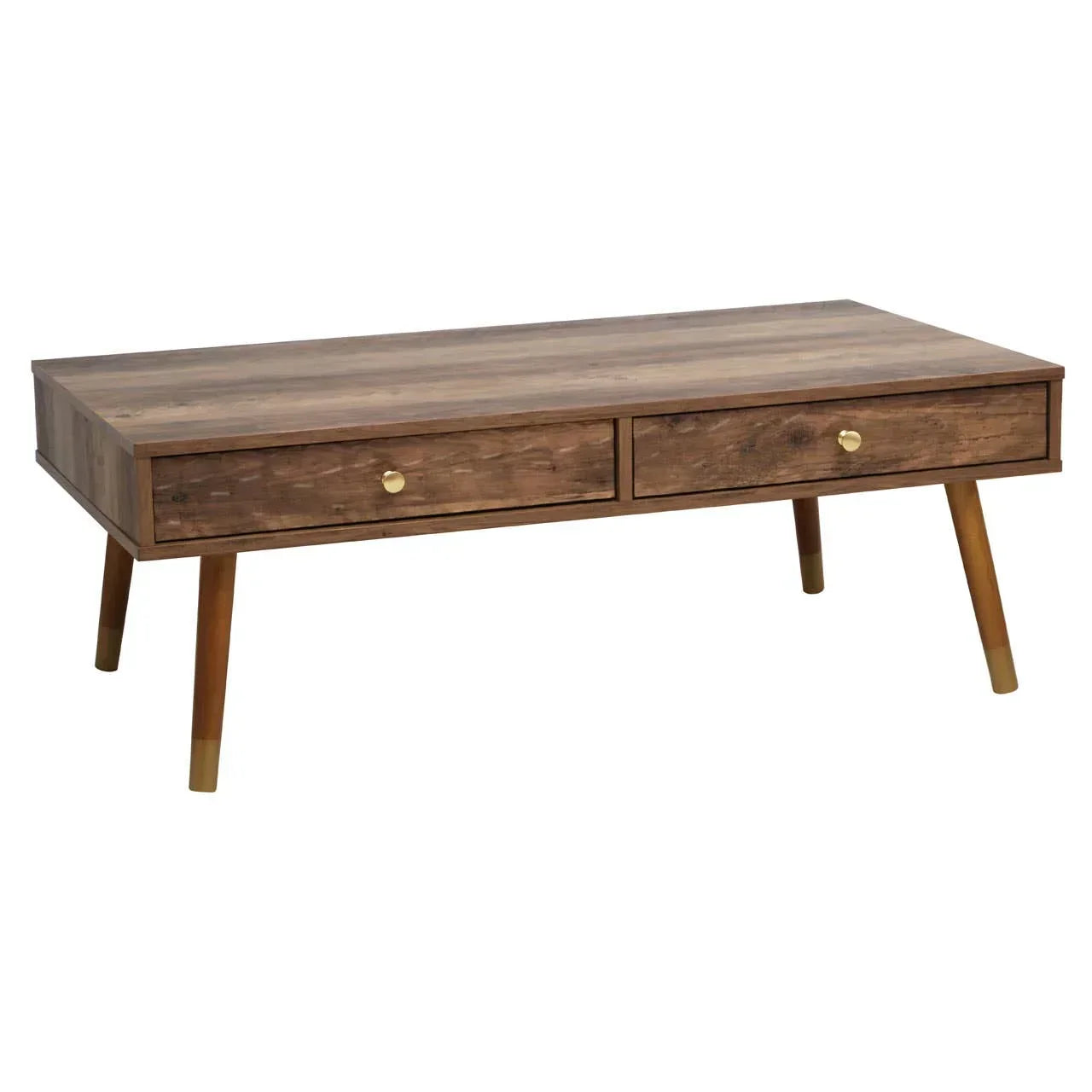 Wooden coffee table with two drawers and angled legs, gold knob handles, mid-century style