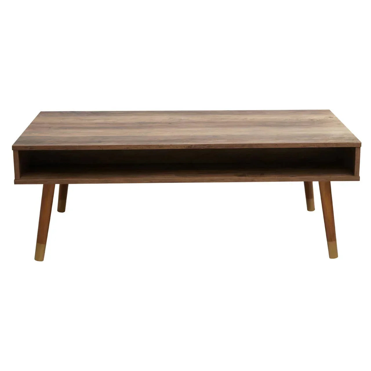 Rectangular wooden coffee table with open shelf and angled legs, brass-tipped feet visible