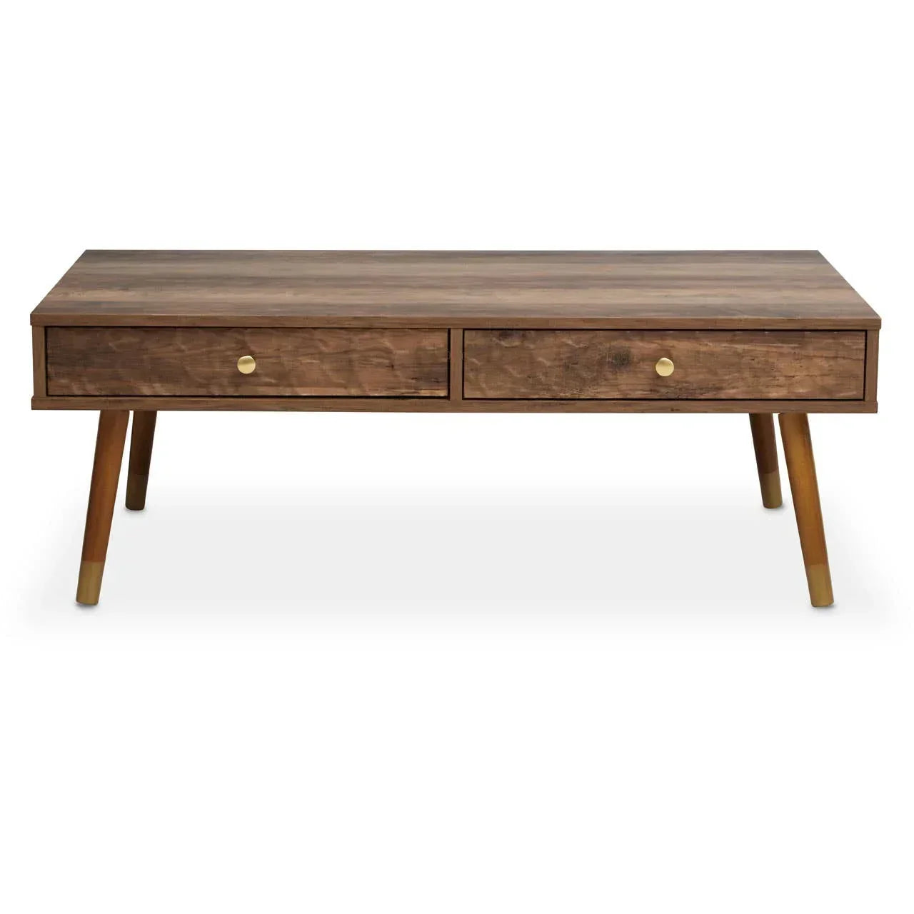 Wood coffee table with two drawers and gold handles, angled legs, front view