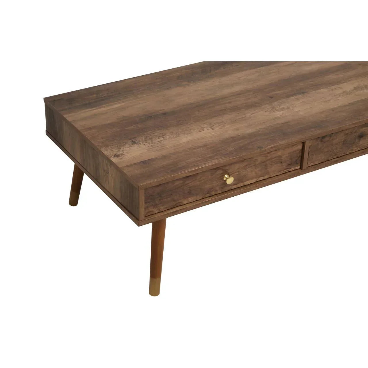 Walnut finish coffee table with two drawers and angled wooden legs, close side view