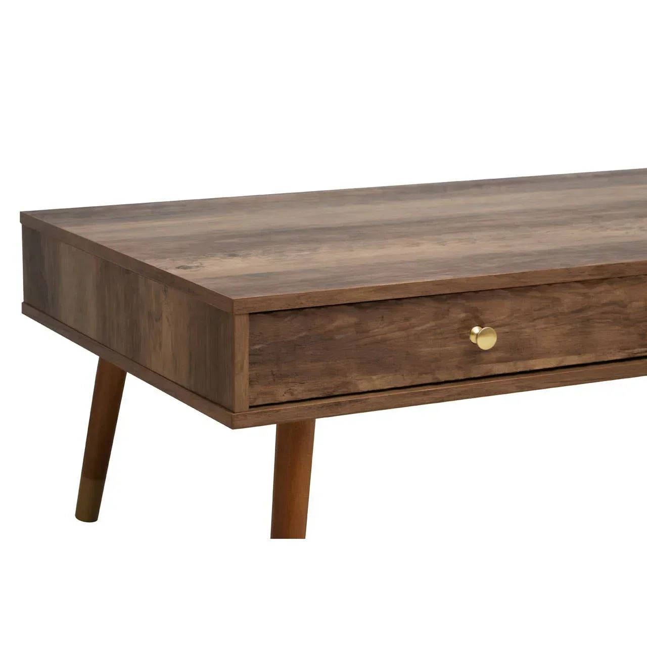 Walnut coffee table with drawer, gold knob, and angled wooden legs, side view