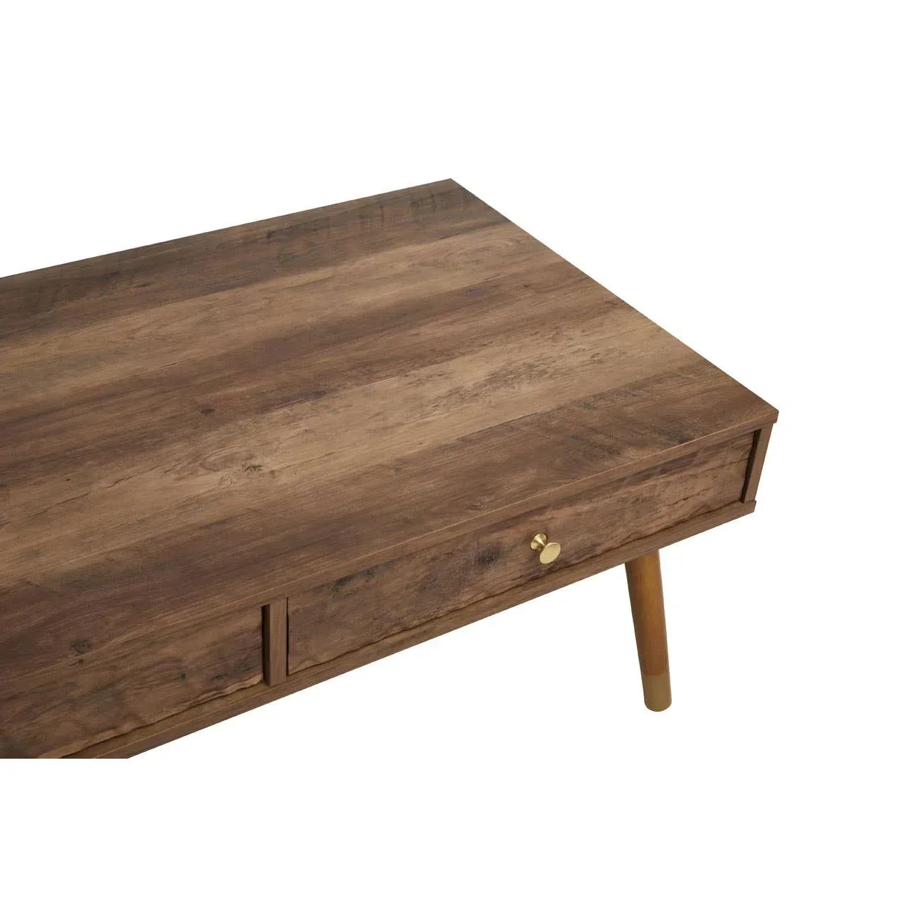 Rectangular wooden coffee table with drawer and gold knob, angled leg detail visible