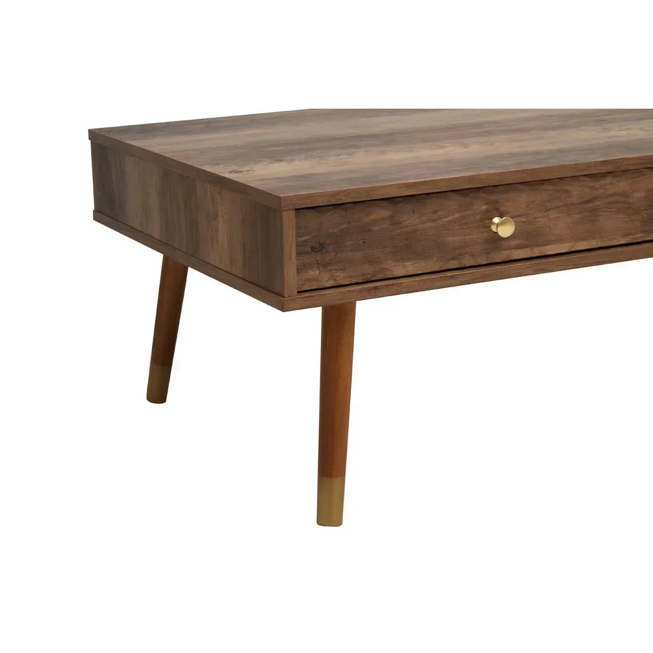 Rectangular wooden coffee table with drawer, slim legs and brass knob accent