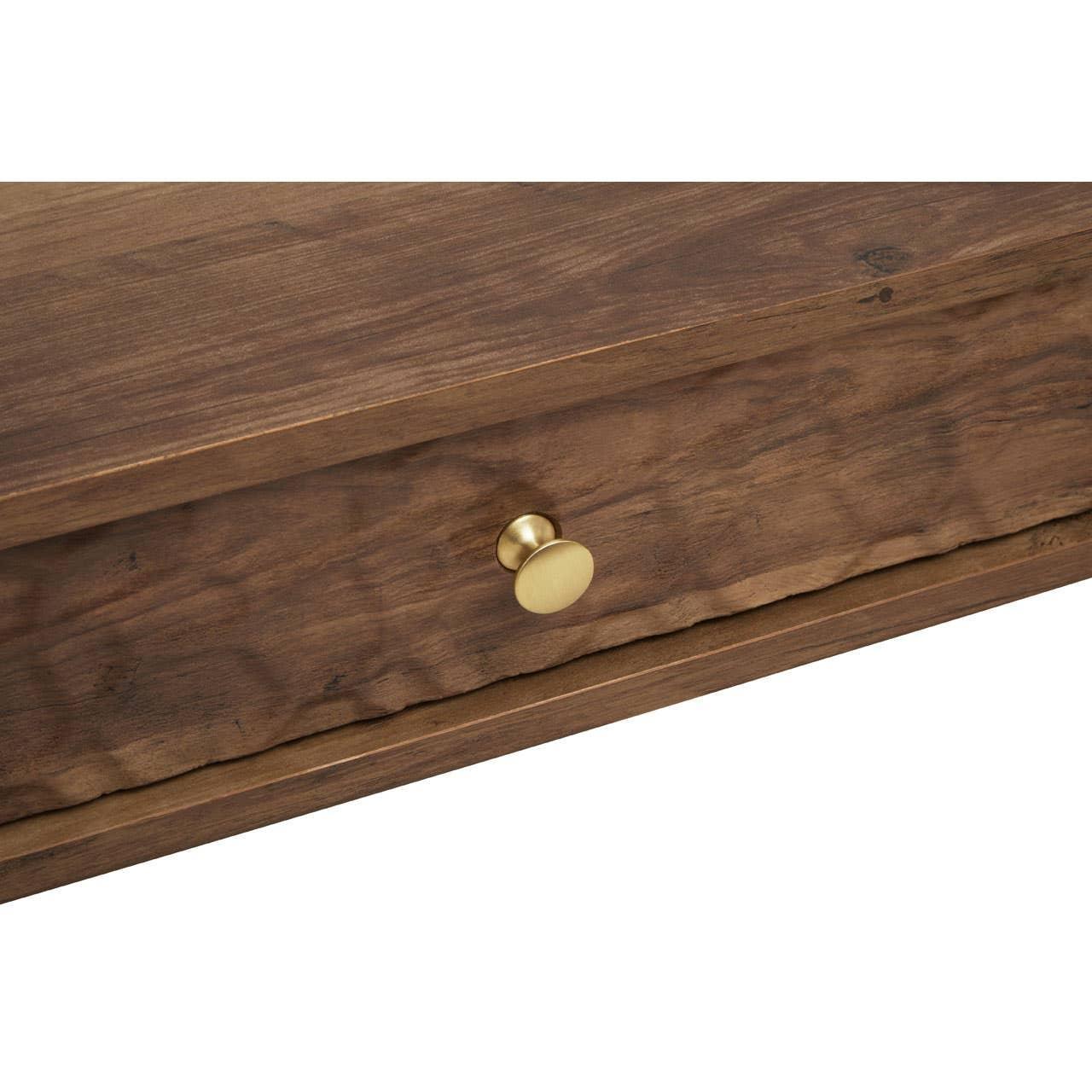 Walnut wood drawer with brass handle close-up