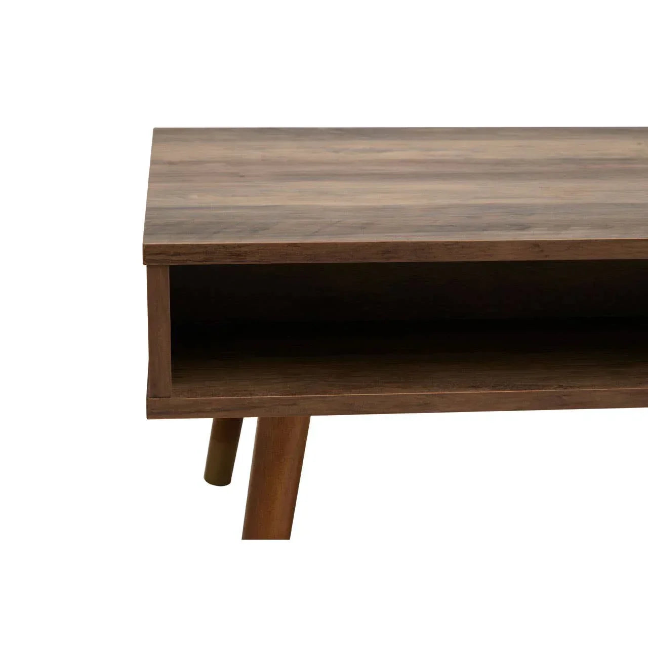 Walnut wood coffee table with angled legs and open storage shelf, close view