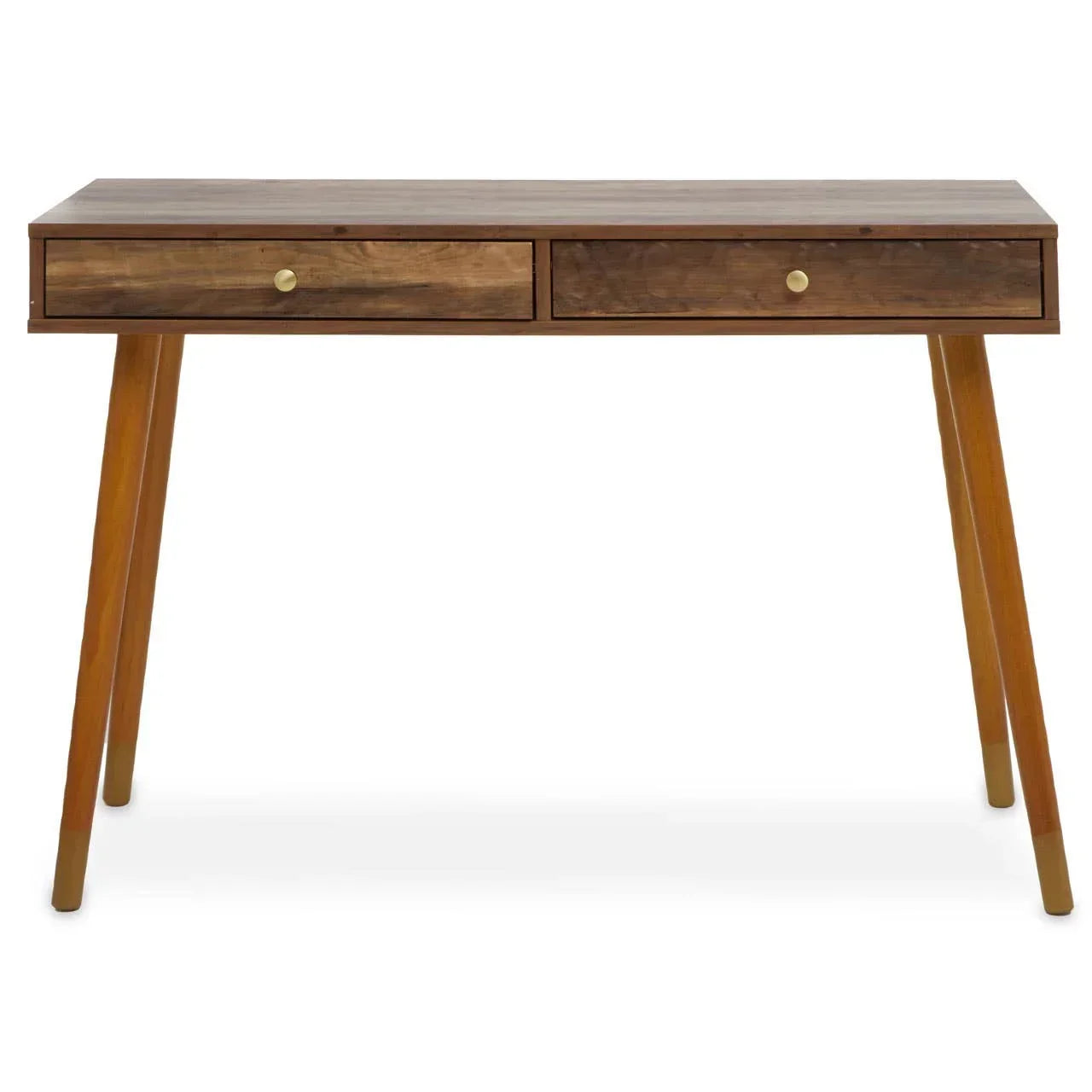 Wooden desk with two drawers and tapered legs, brass knobs, front view