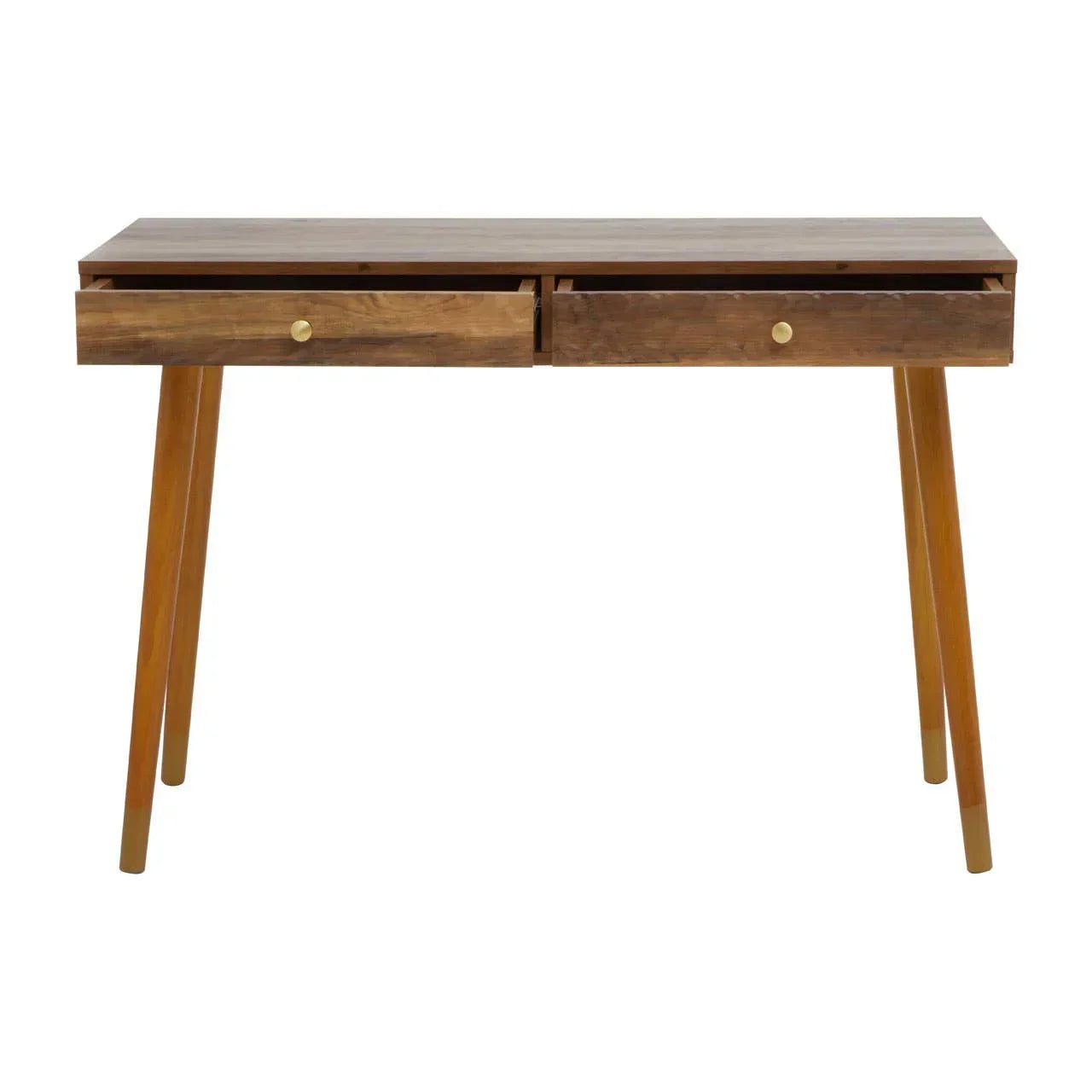 Wooden desk with two open drawers and tapered legs in a natural finish