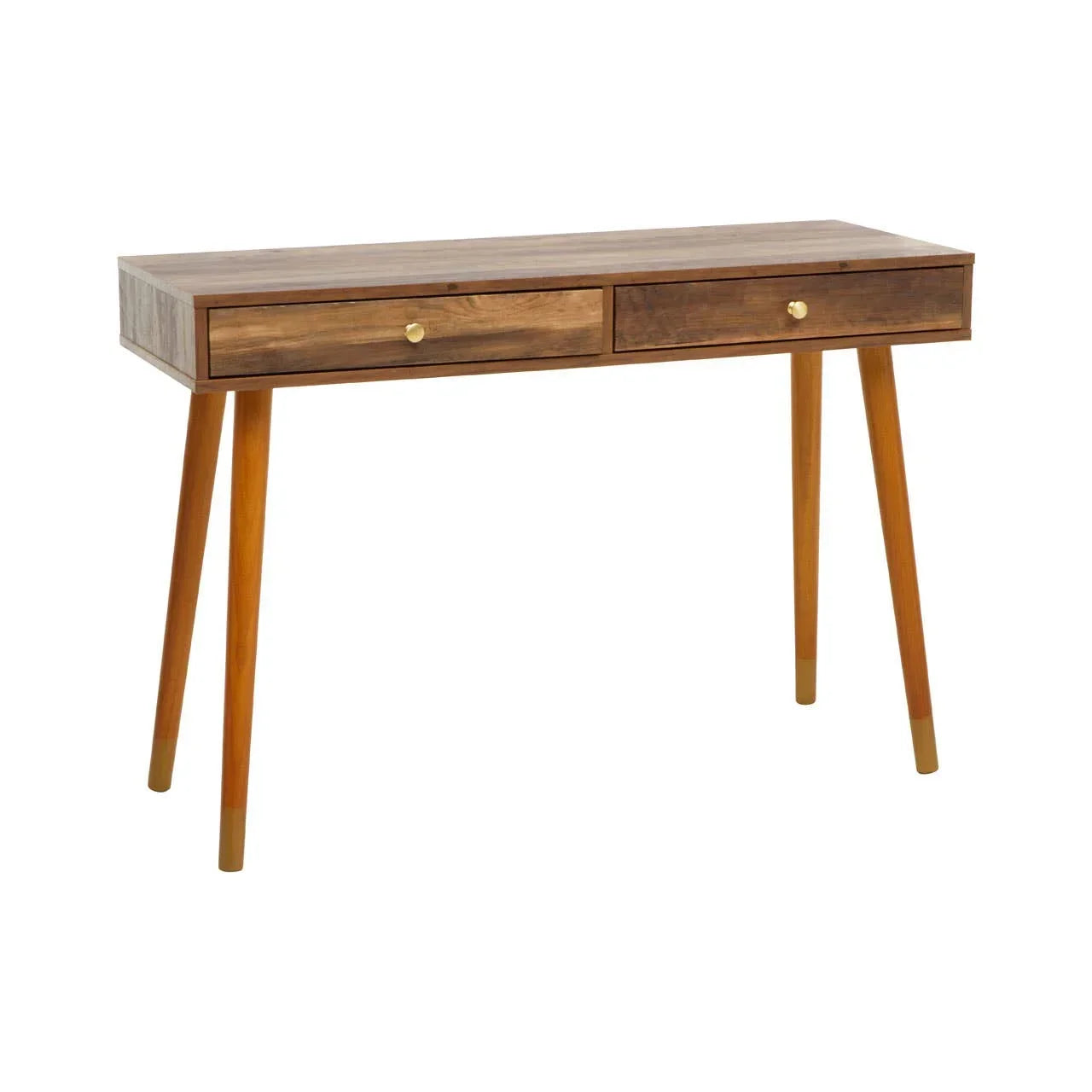 Wooden console table with two drawers and gold handles, angled mid-century legs