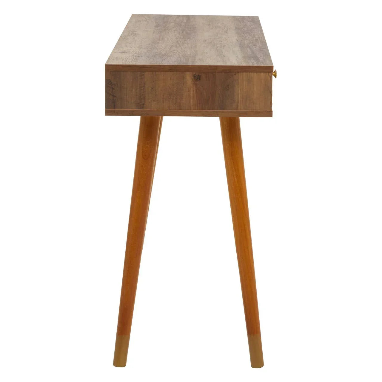 Side view of wooden console table with tapered legs and natural finish