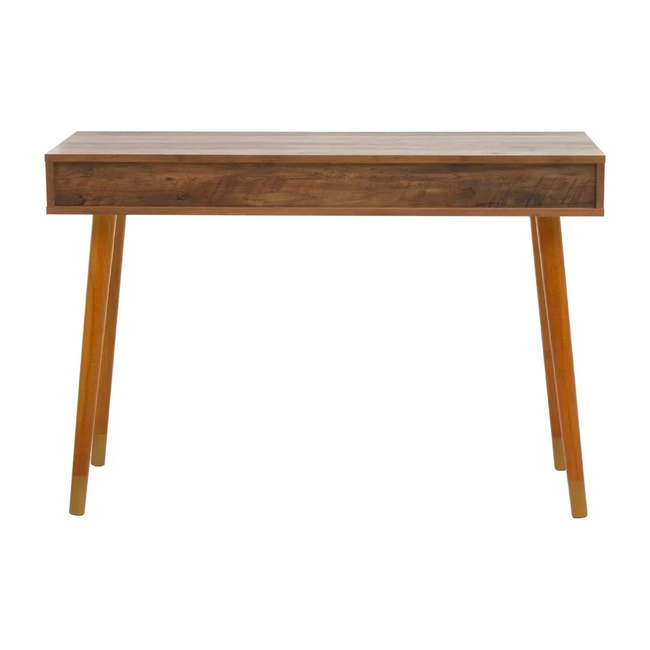 Mid-century style wooden desk with slim angled legs and natural wood finish
