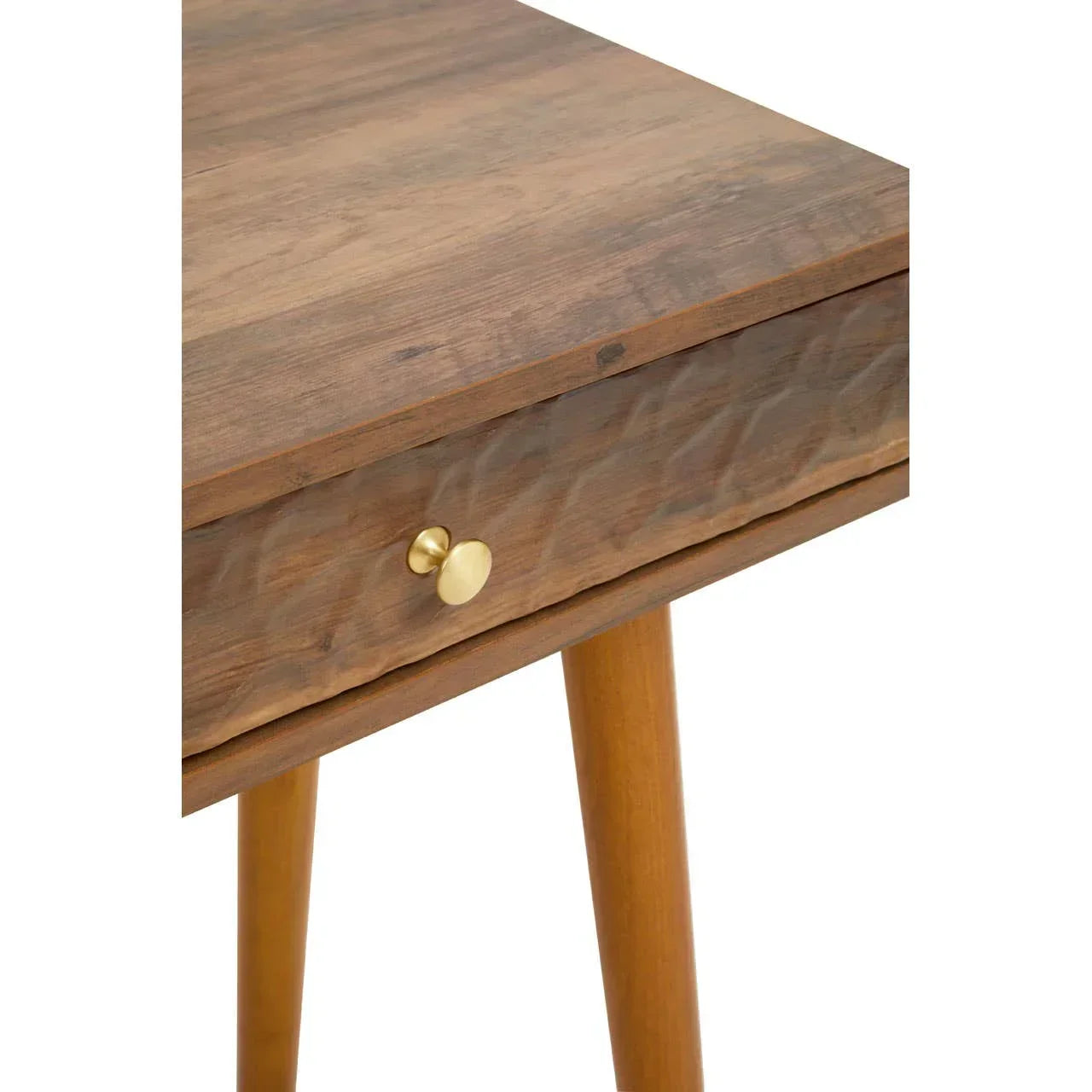 Wooden bedside table with single drawer and gold knob, angled legs, close-up view