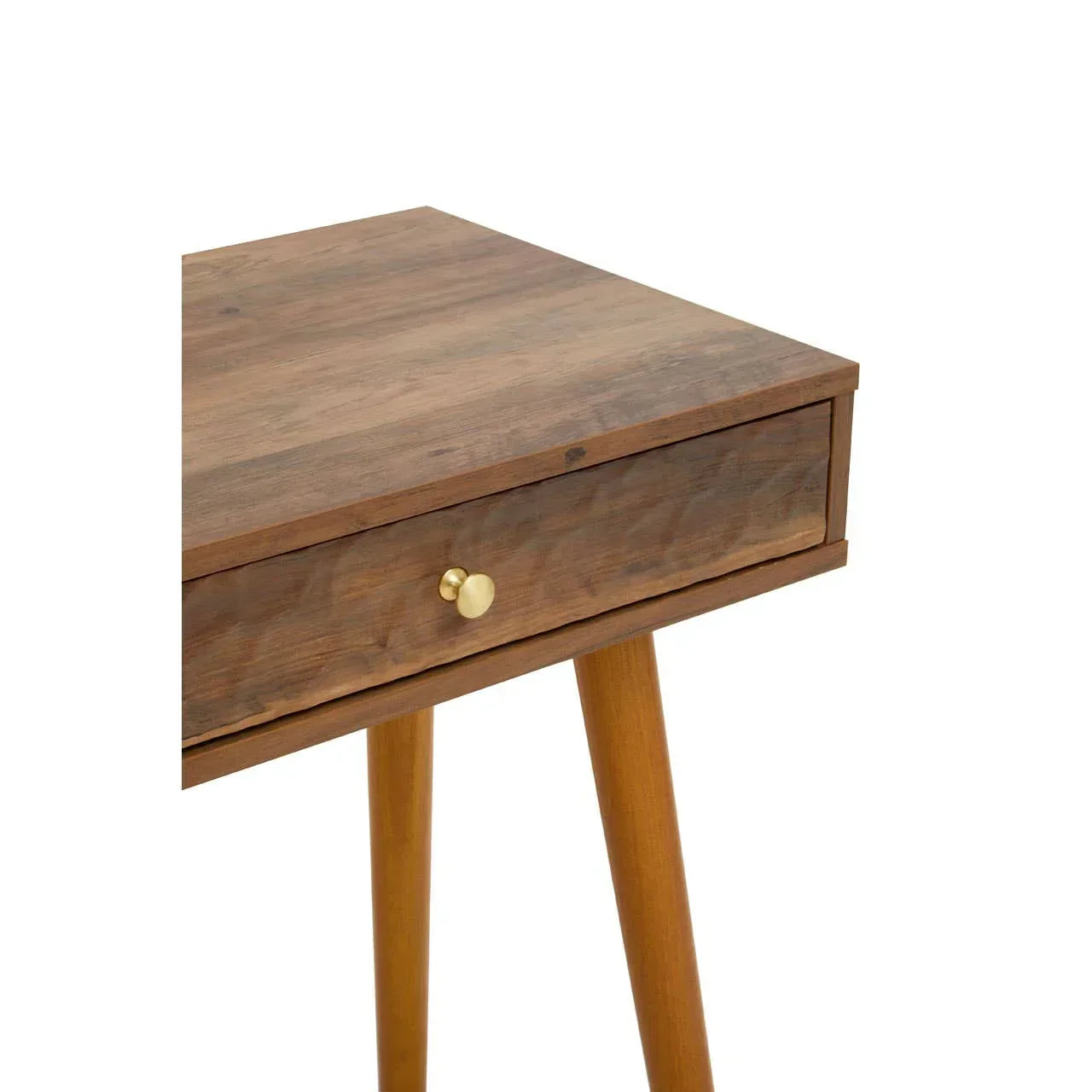 Wooden side table with tapered legs and brass drawer handle, close-up of tabletop corner