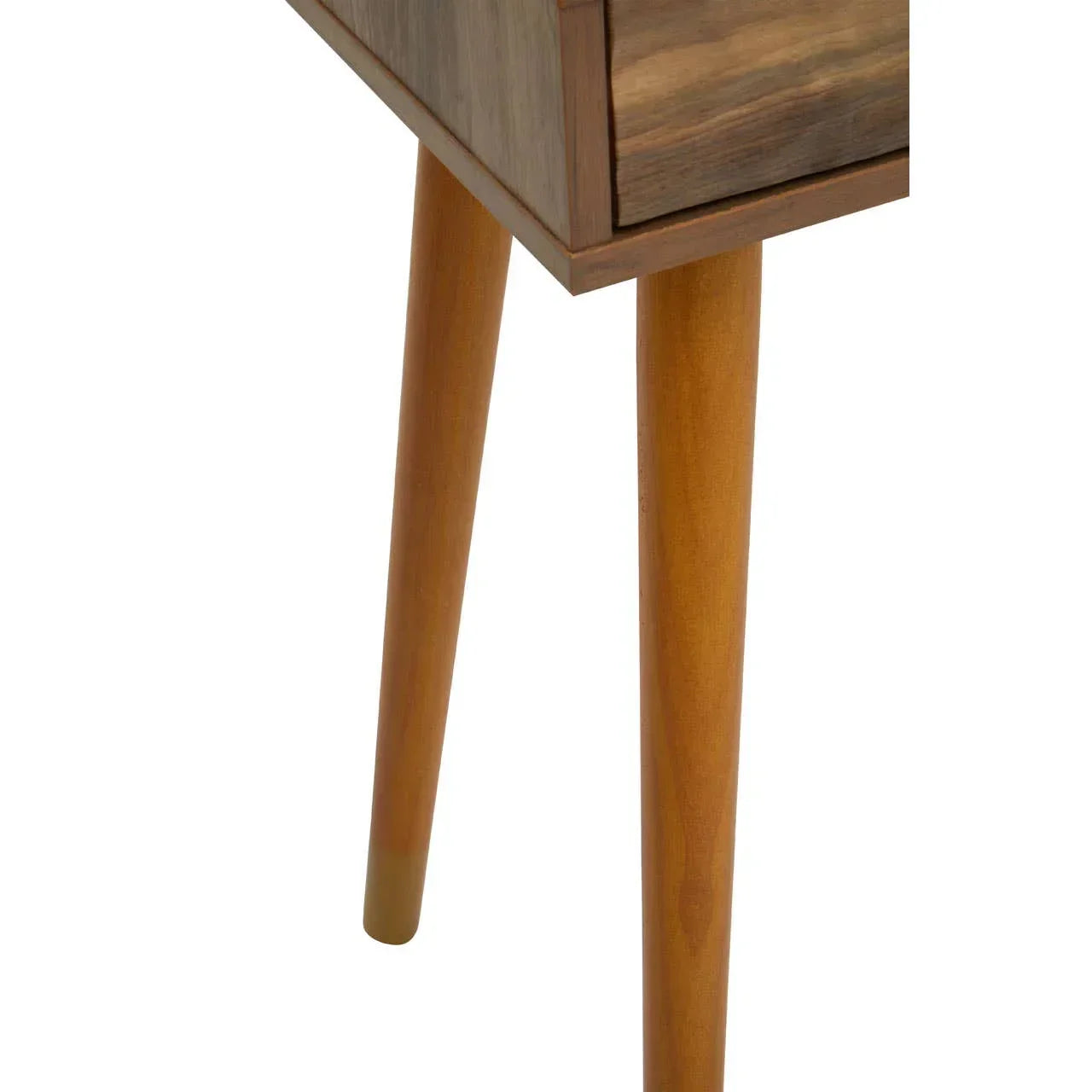Wooden furniture table leg detail with natural finish and smooth tapered design
