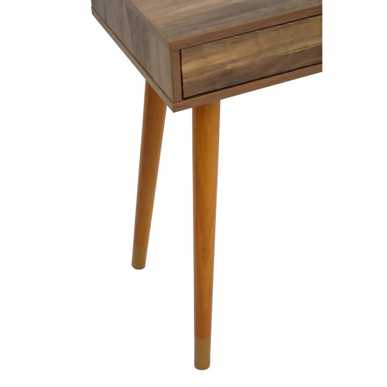 Close-up of wooden table with drawer and tapered legs